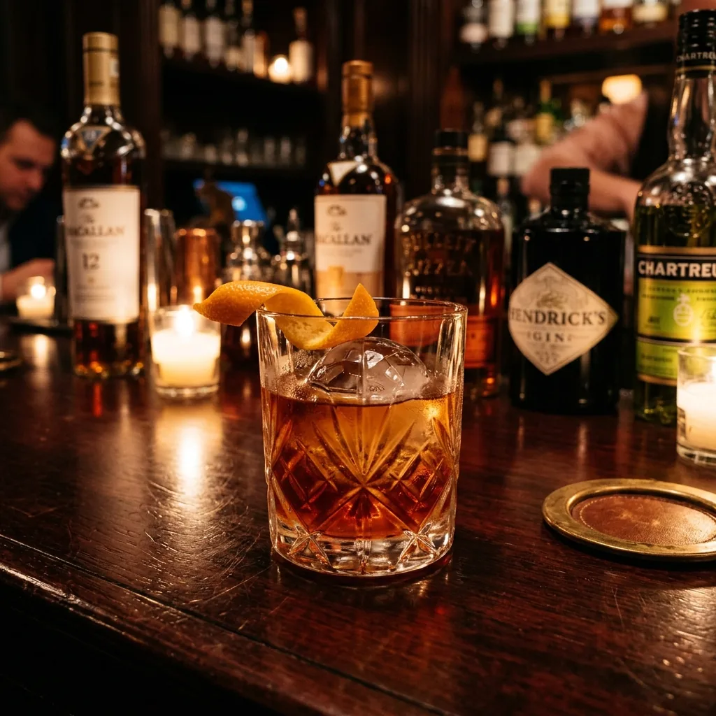 Signature craft cocktail on a polished mahogany bar