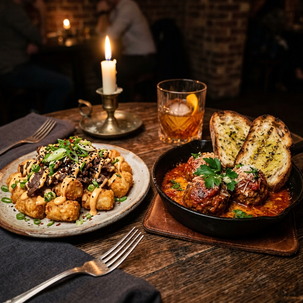 Artisanal small plates on a rustic wood table