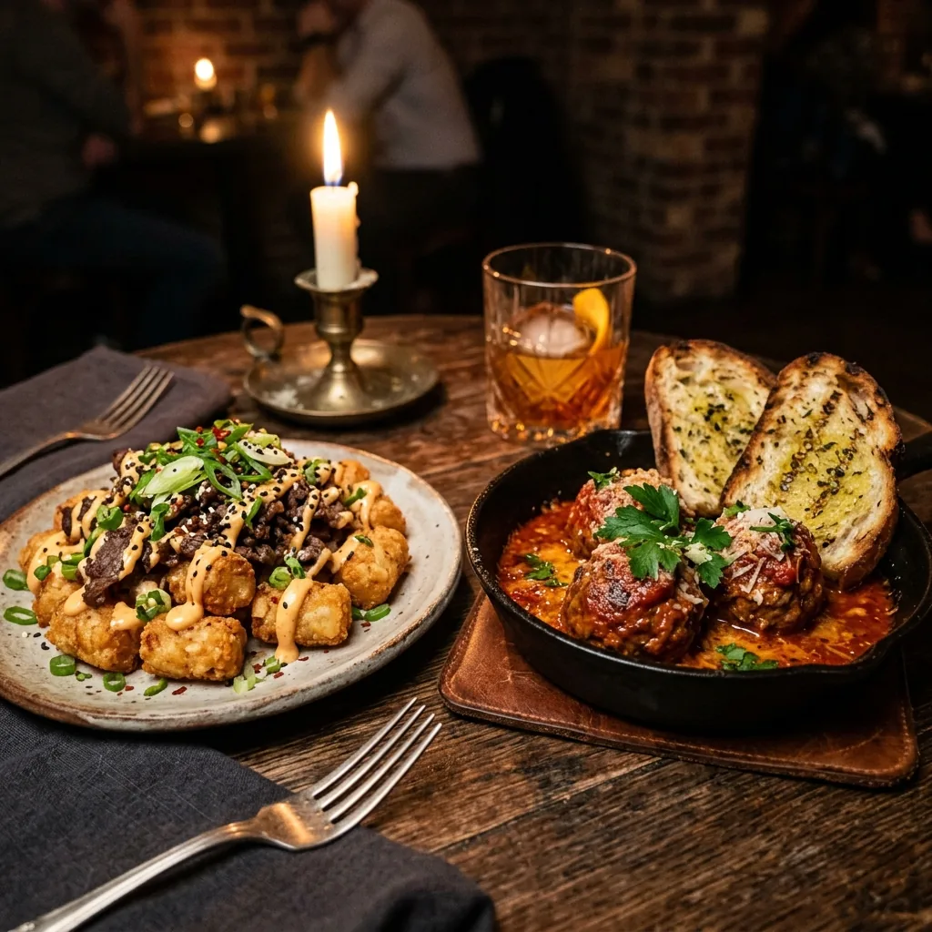 Globally inspired small plates on a rustic wood table