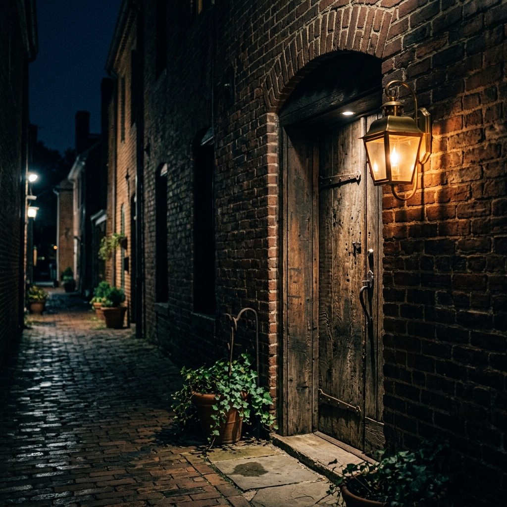 Mackenzie's unmarked entrance glowing in brick alleyway